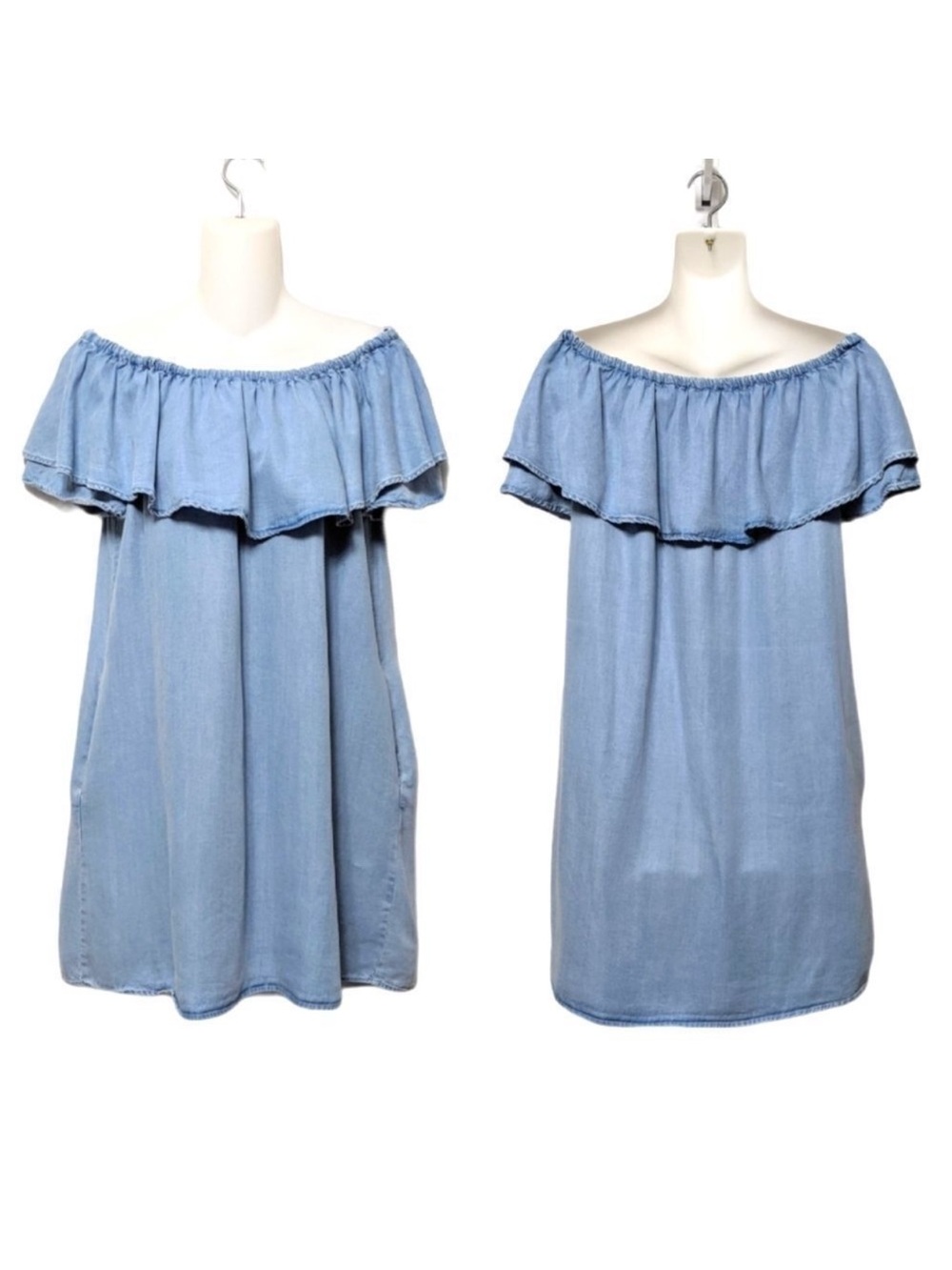ZARA WOMAN Flounce Off Shoulder Chambray Dress S